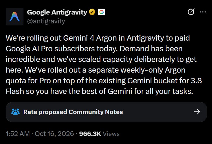 Gemini 4 Argon available for paid Pro subscibers Gemini 4 Argon available for paid Pro subscibers