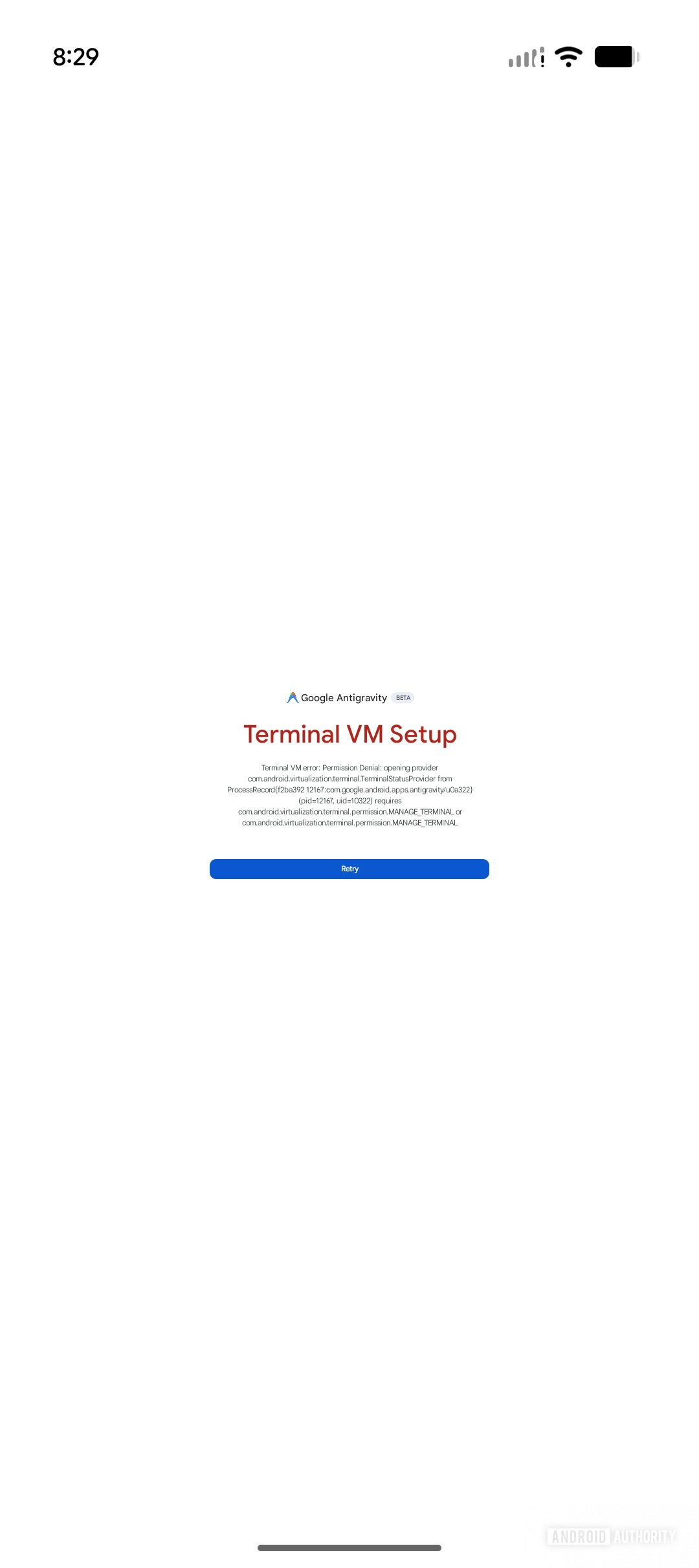 Google Antigravity Terminal VM permission error on Pixel 9