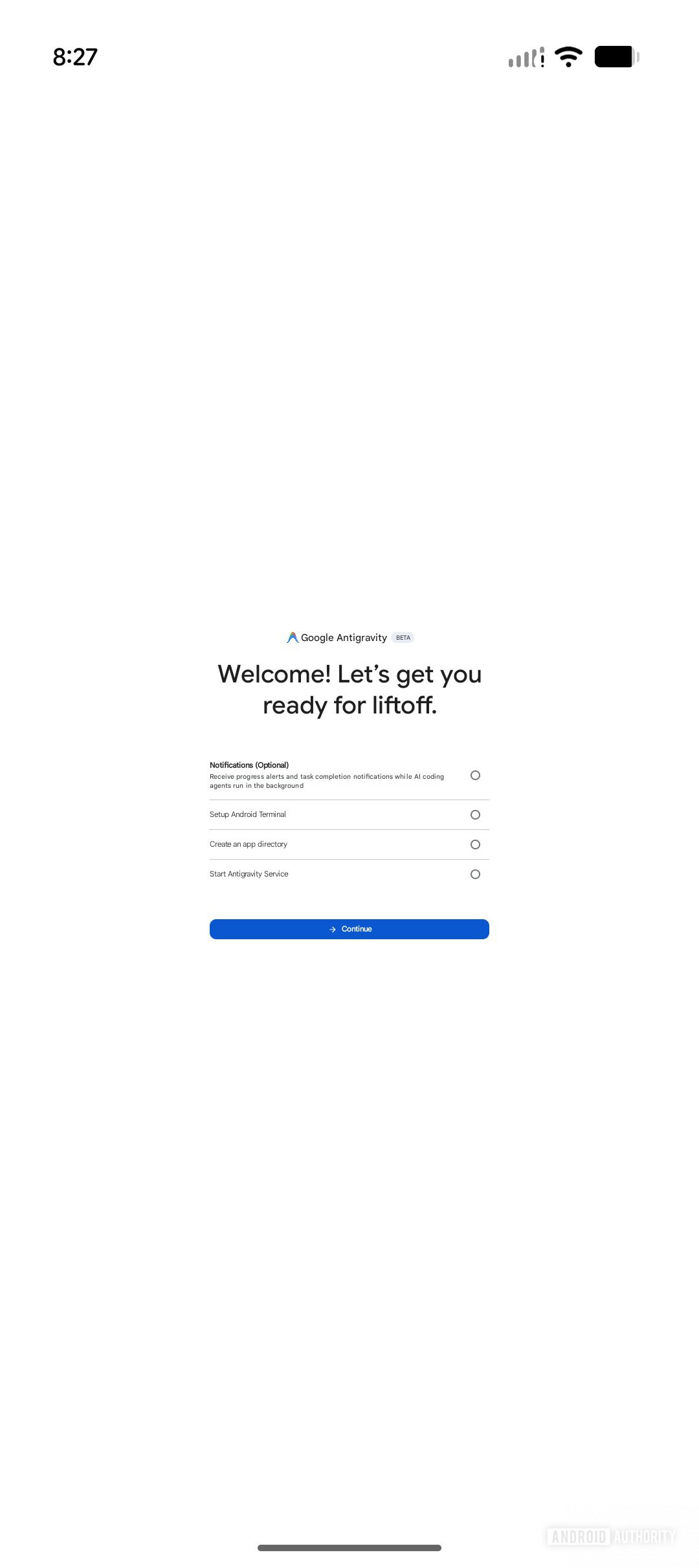 Google Antigravity setup on a Pixel 9 showing steps for notifications, Android Terminal, an app directory, and the Antigravity service.