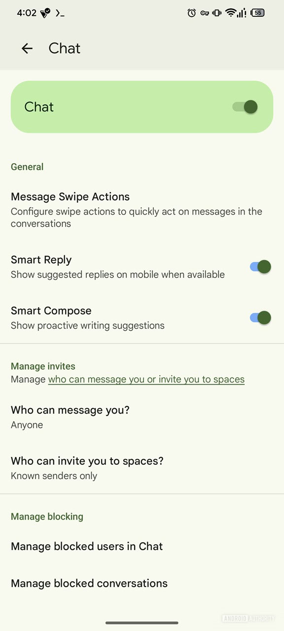 Google Chat settings page Google Chat settings page