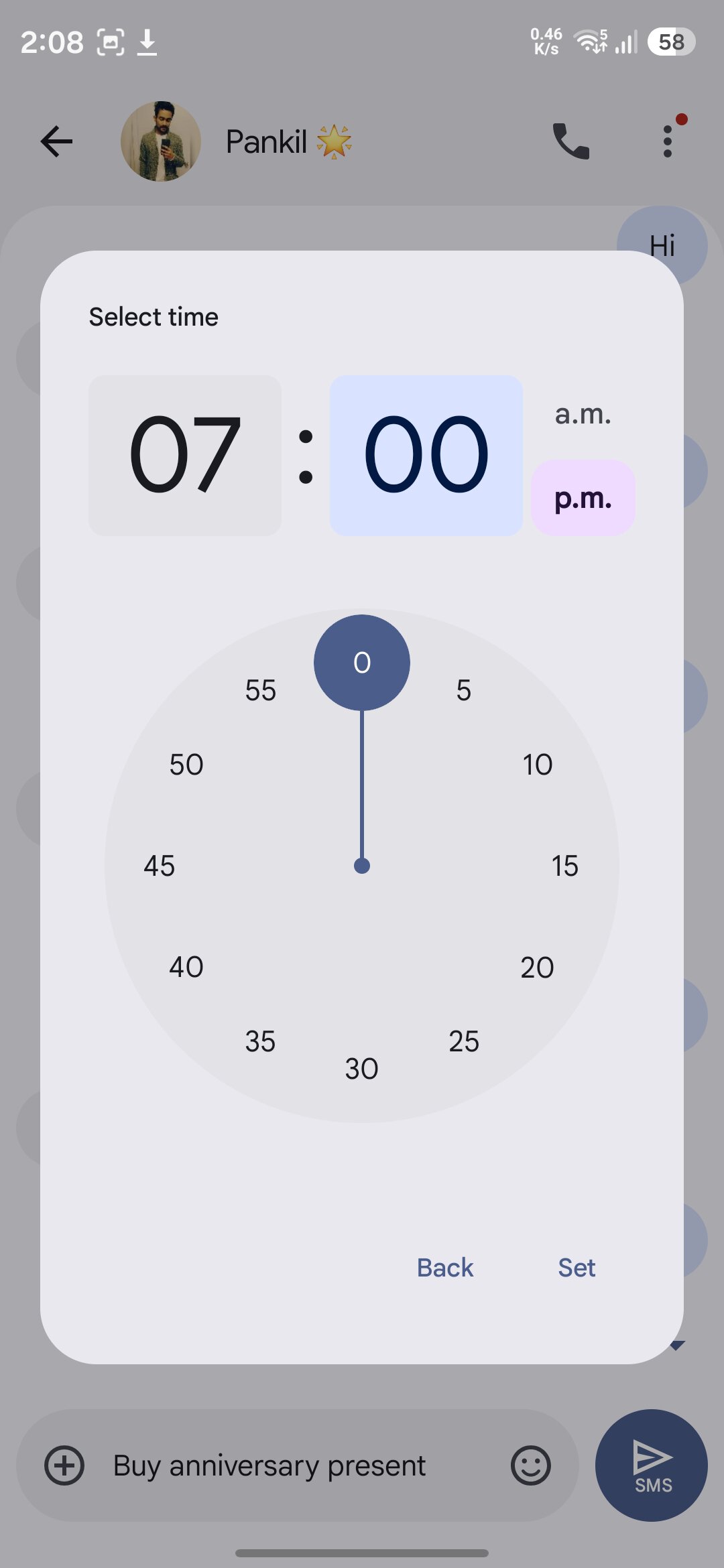 Google Messages app Schedule send time picker