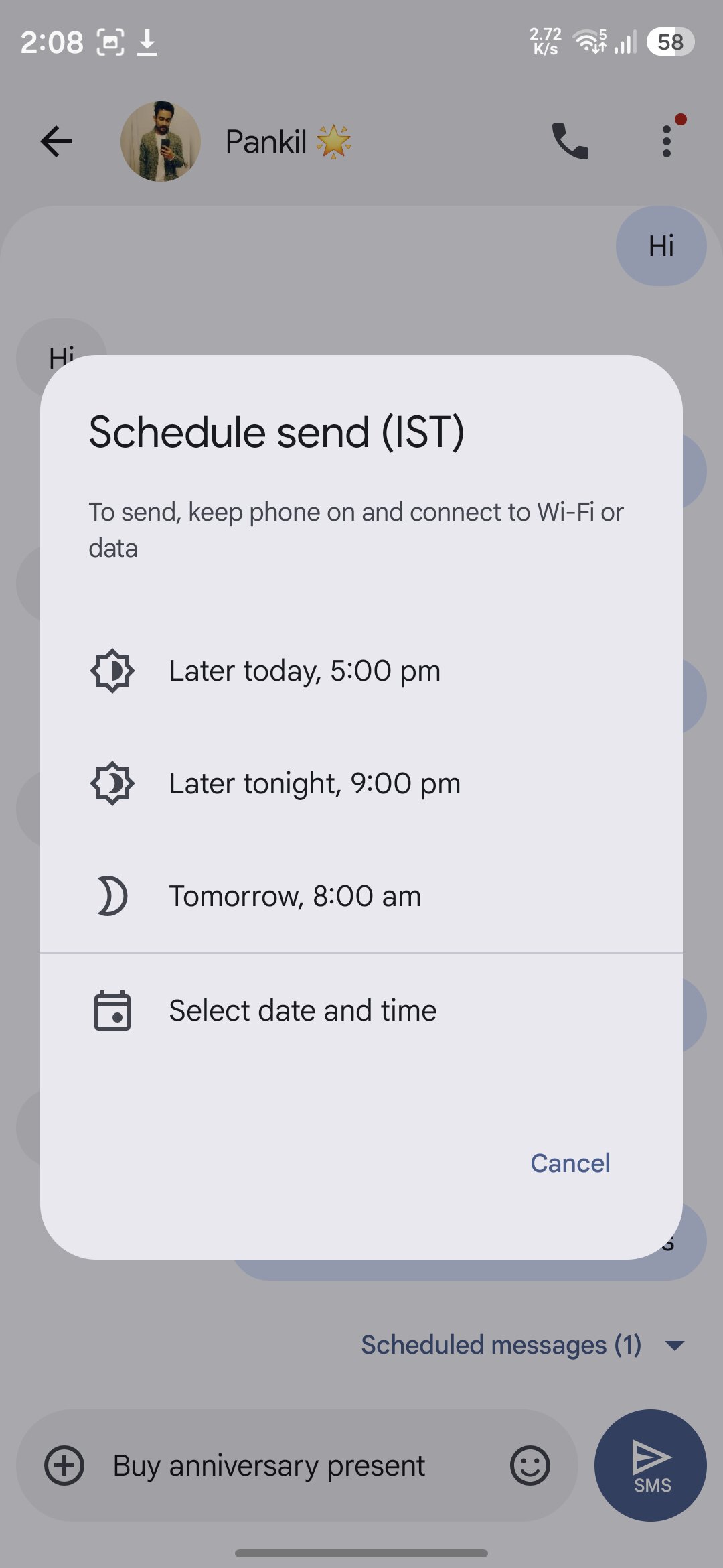 Google Messages app Schedule send