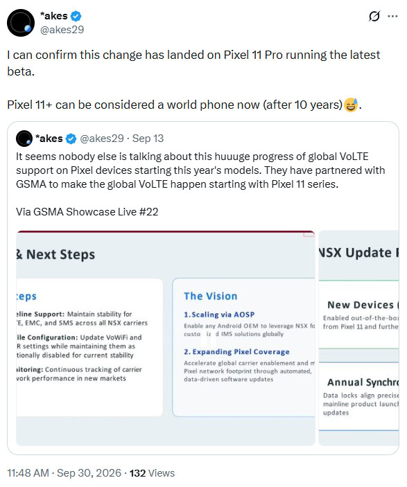Google Pixel 11 VoLTE akes29 twitter