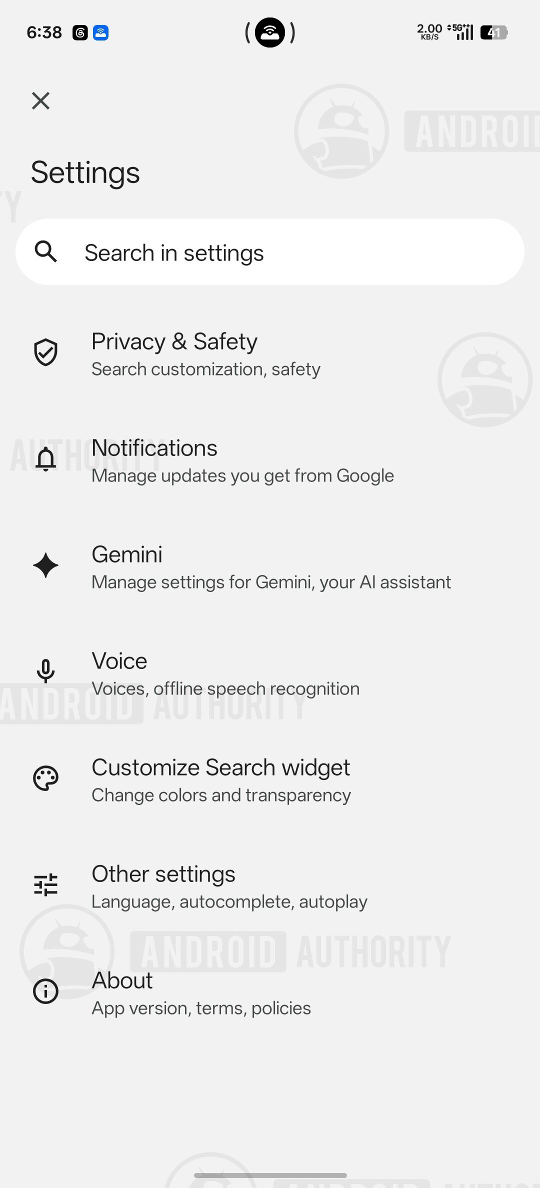 Google app current settings page watermarked