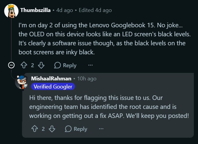 Googlebooks OLED black levels issue acknowledged