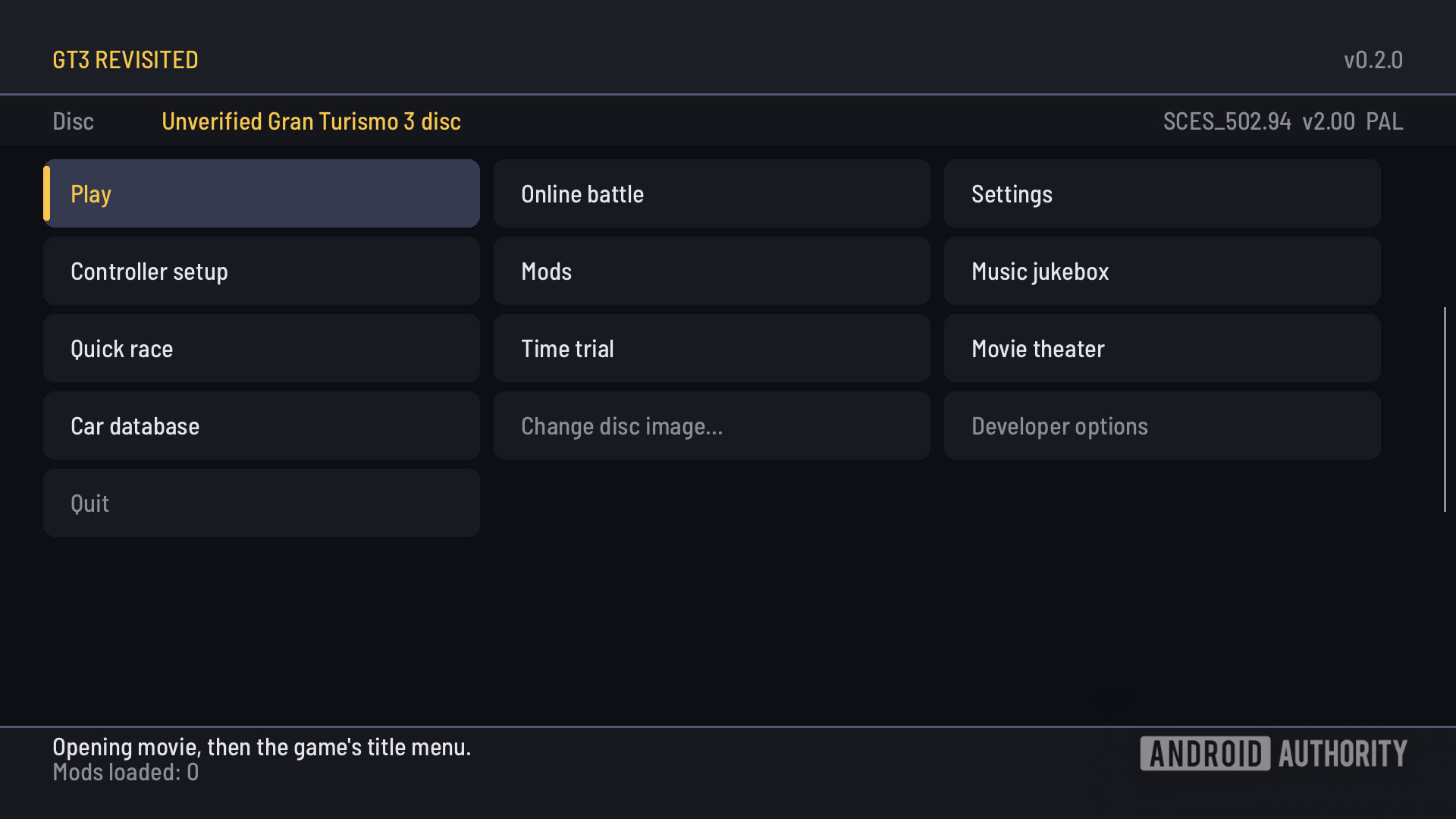 Gran Turismo 3 recompilation settings menu