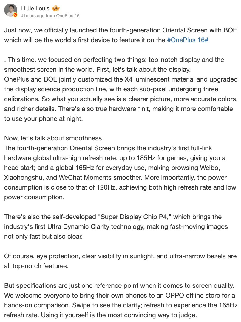 Li Jie Louis on Weibo OnePlus 16's BOE X4 display Li Jie Louis on Weibo OnePlus 16's BOE X4 display