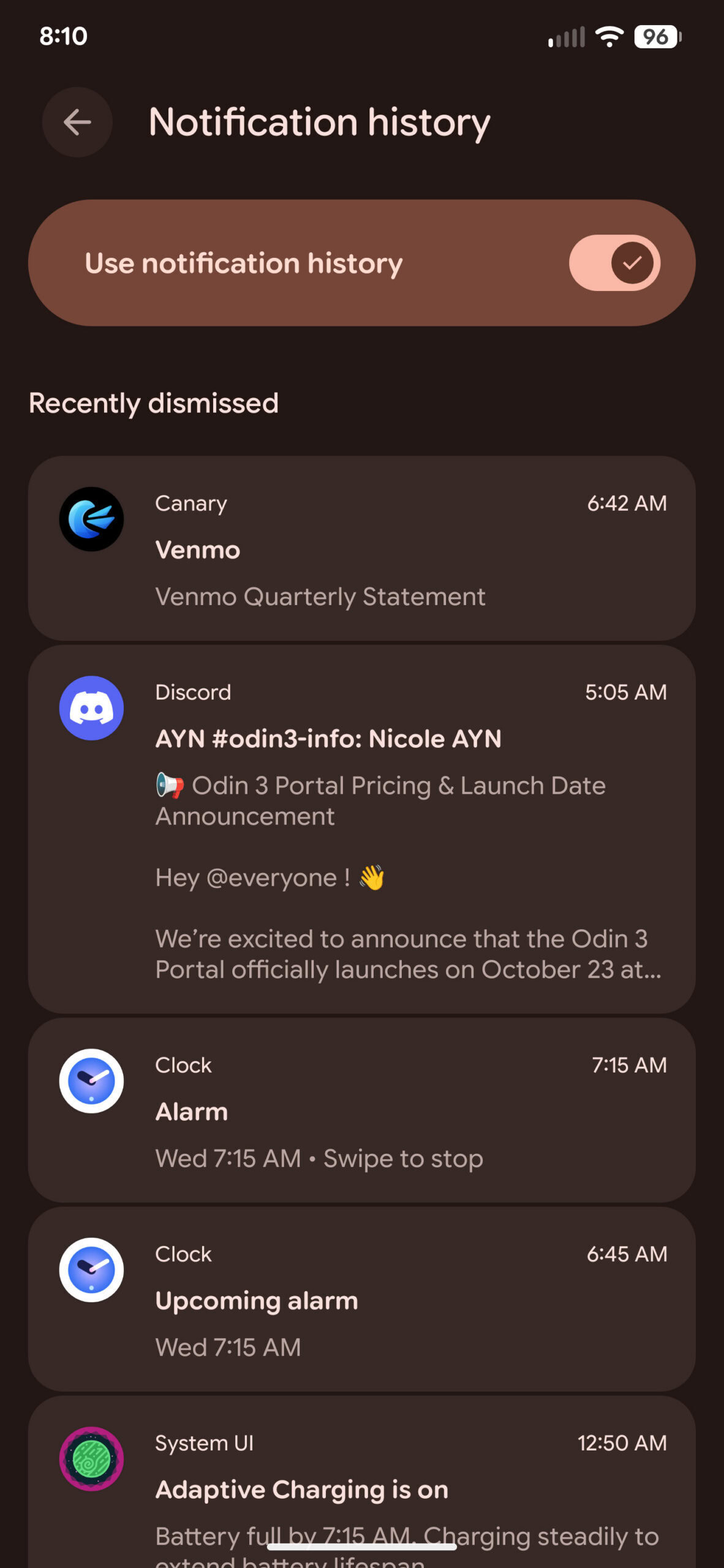 Notification history