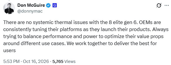 Qualcomm Don McGuire 8 Elite Gen 6 heating statement Qualcomm Don McGuire 8 Elite Gen 6 heating statement