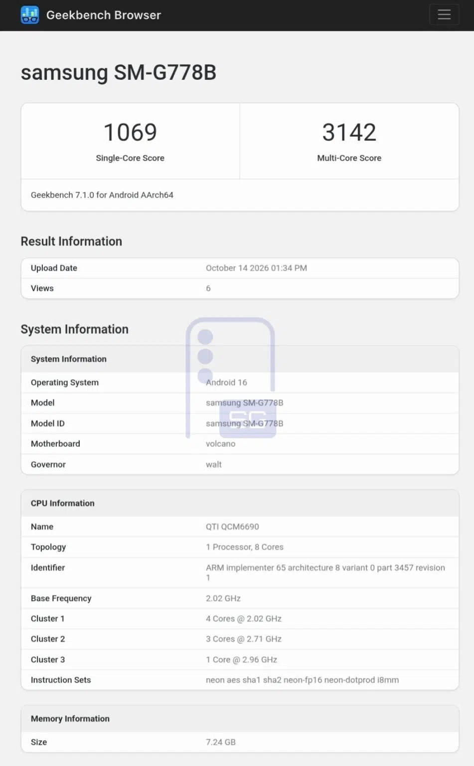 Samsung Galaxy XCover SM G778B Geekbench