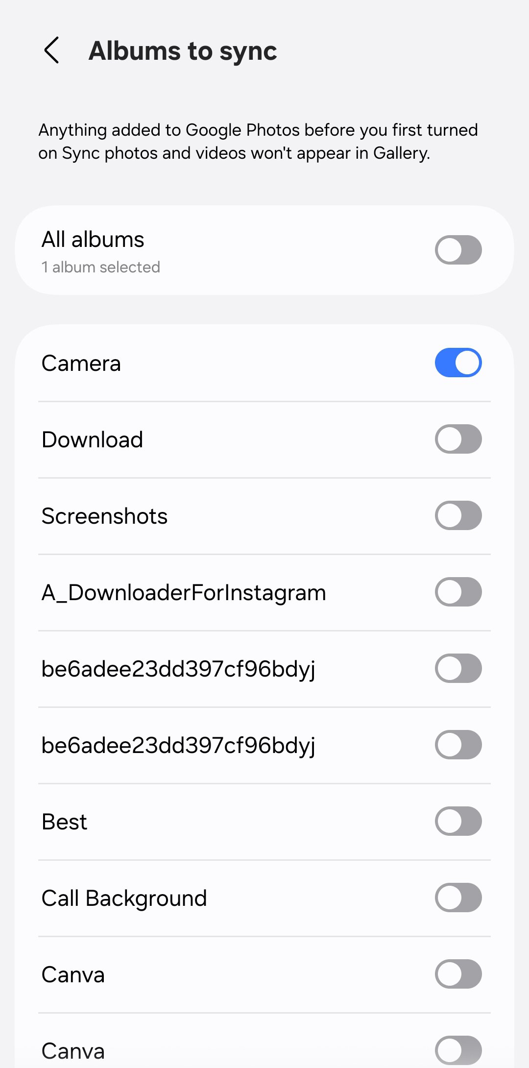 Samsung Gallery album sync settings app on Galaxy phone