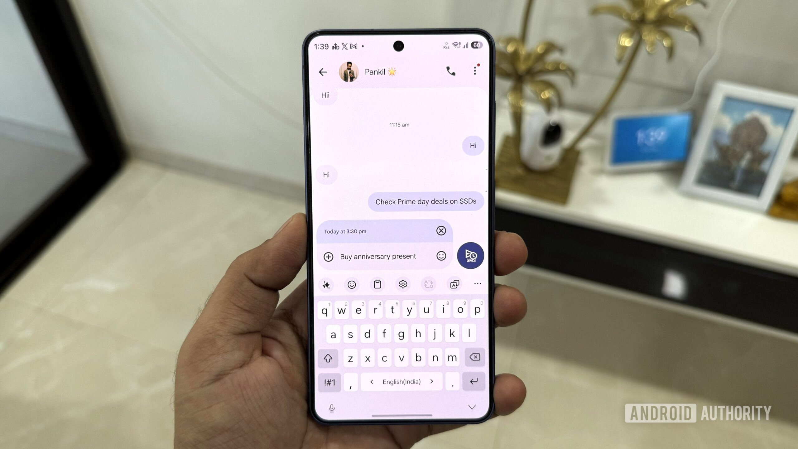 Samsung phone in hand showing schedule text option Samsung phone in hand showing schedule text option