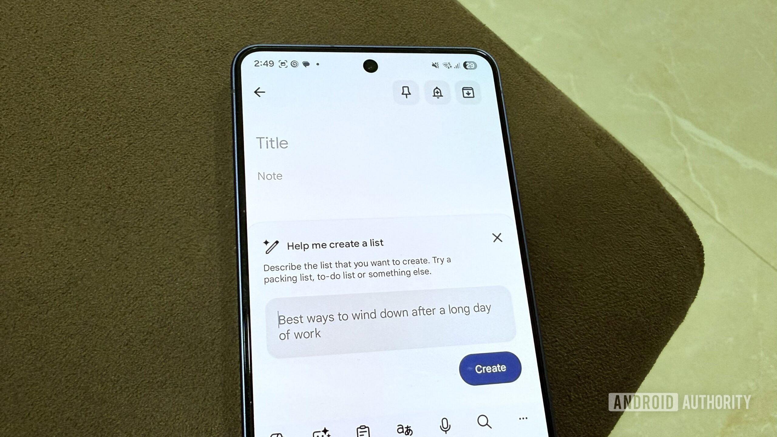 Samsung phone showing Gemini create list option in Keep