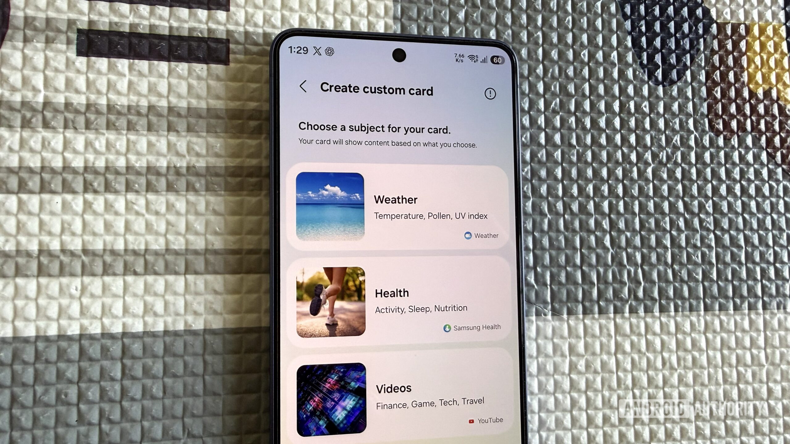 Samsung phone showing custom Now Brief card menu