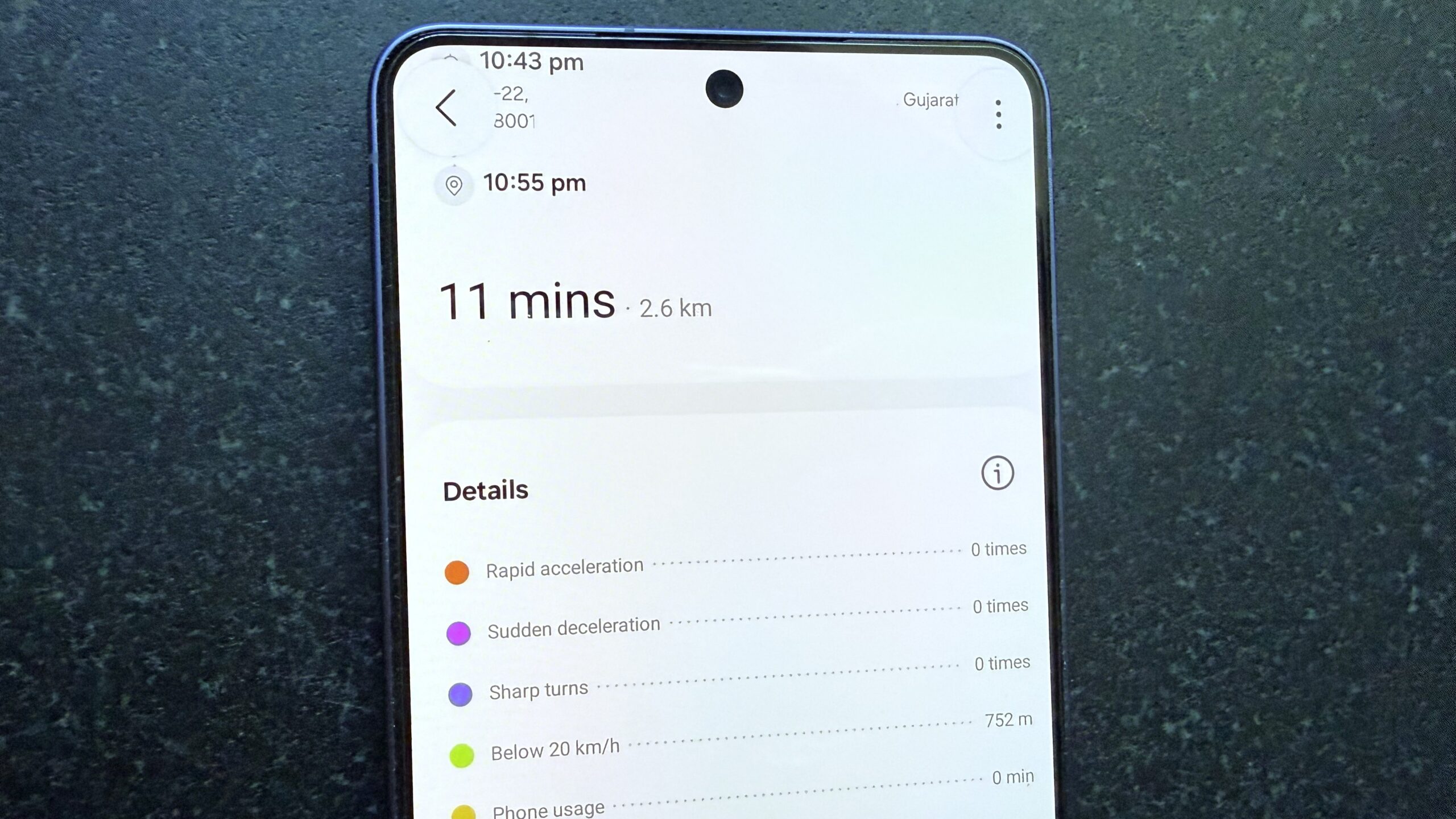 Samsung phone showing driving report