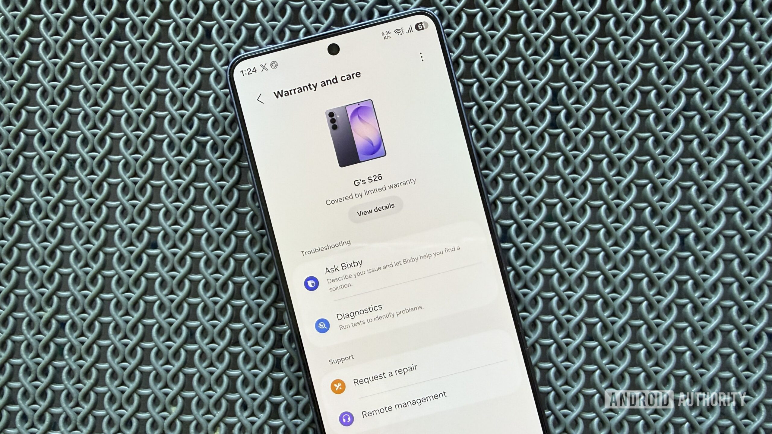 Samung phone showing warranty and care menu