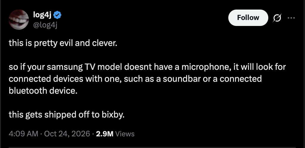 Log4j on X about Samsung smart TVs bluetooth connected devices