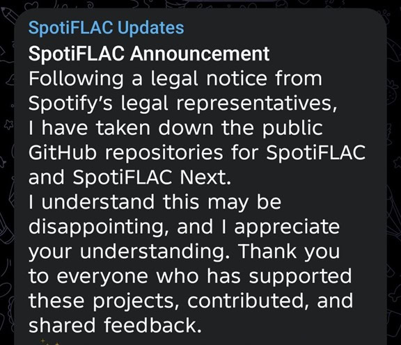 SpotiFLAC taken down due to legal action