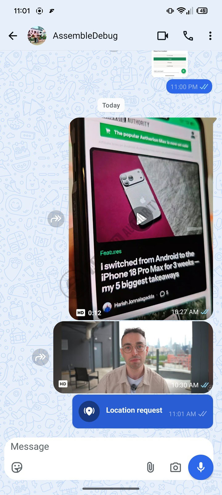 Tapping request location in WhatsApp sends a message in chat as a card titled Location request to highlight it 3 watermarked