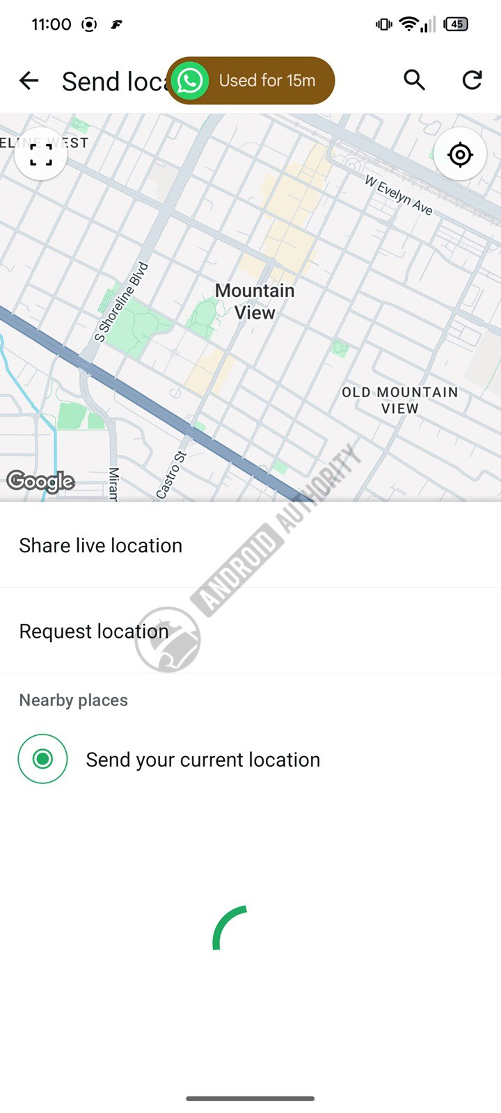 WhatsApp new send location screen showing option to request location 2 watermarked