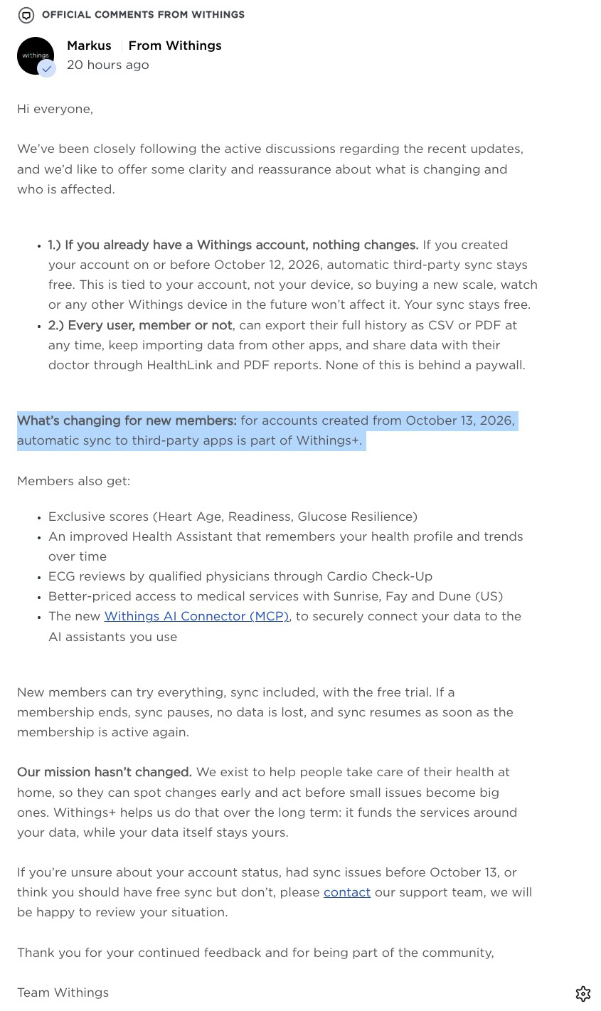 Withings moving third party app syncing to a subscription model