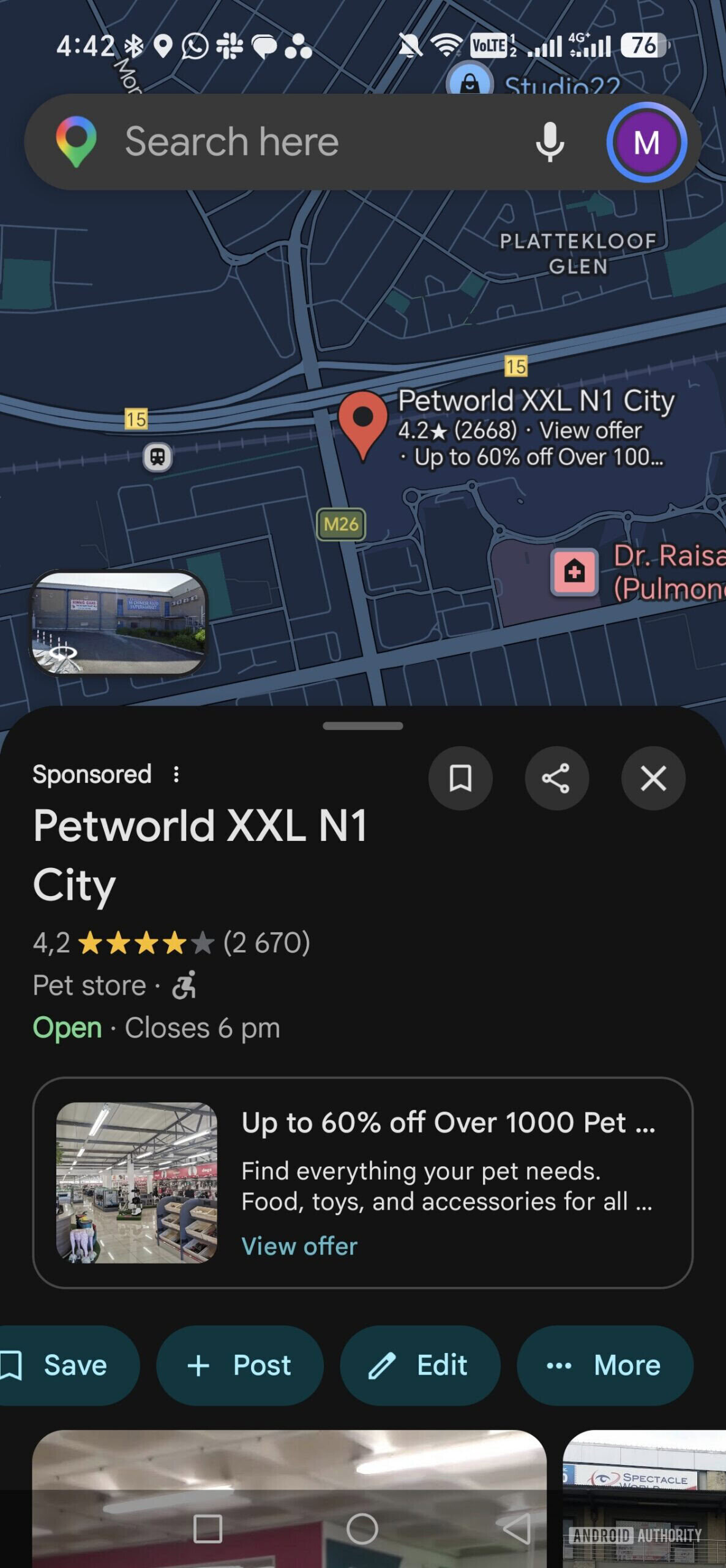 a location in google maps with the more button