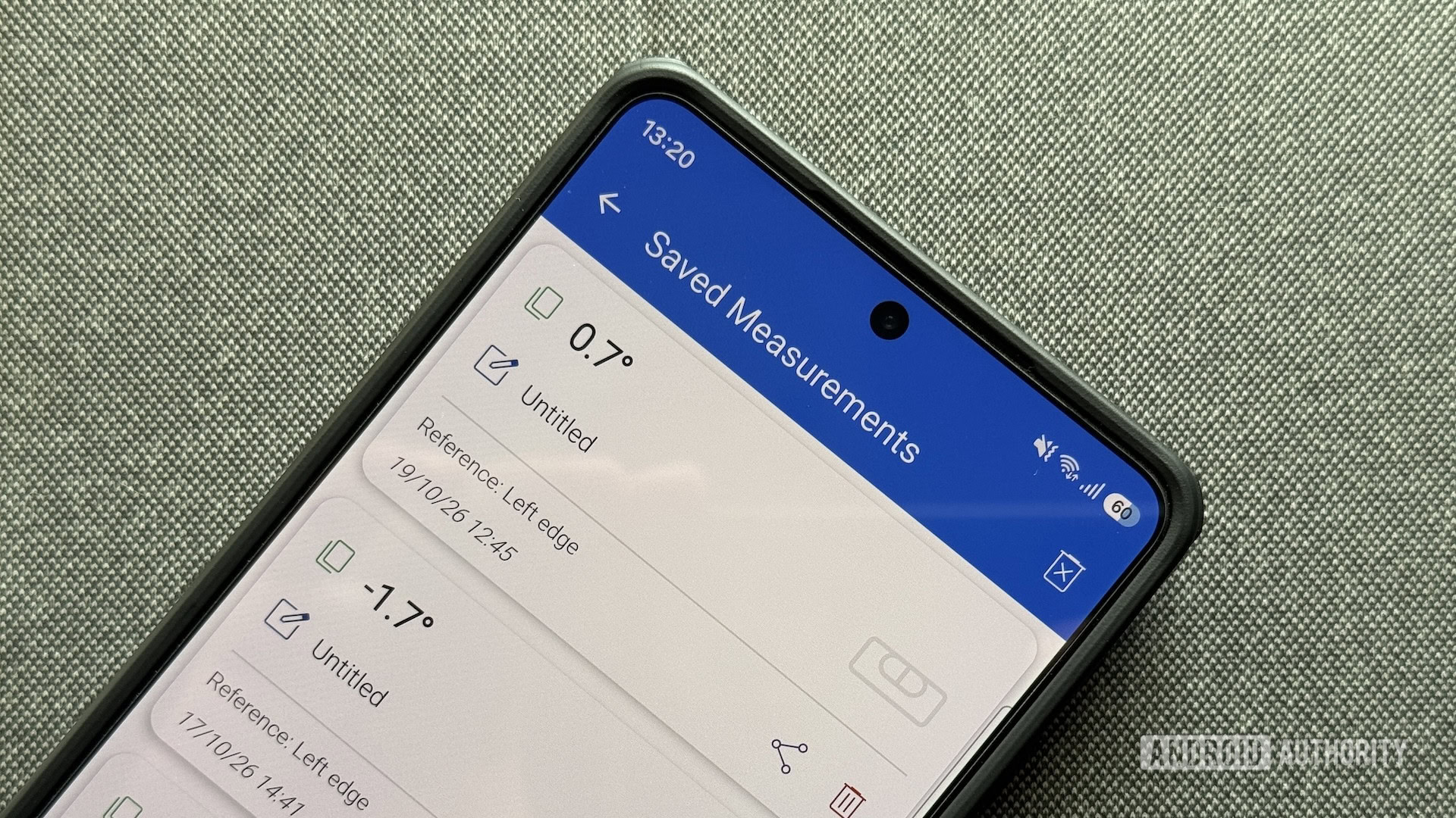 Saved Measurements screen on the Bubble Level Android app.