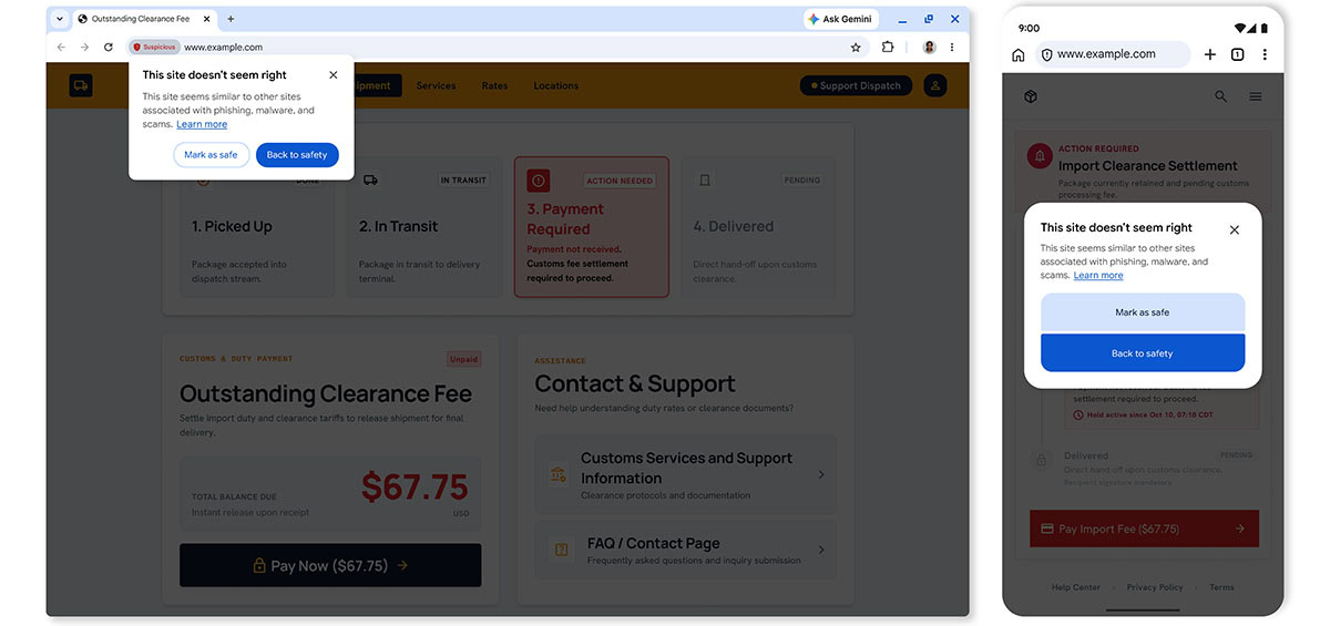 chrome suspicious website pop up