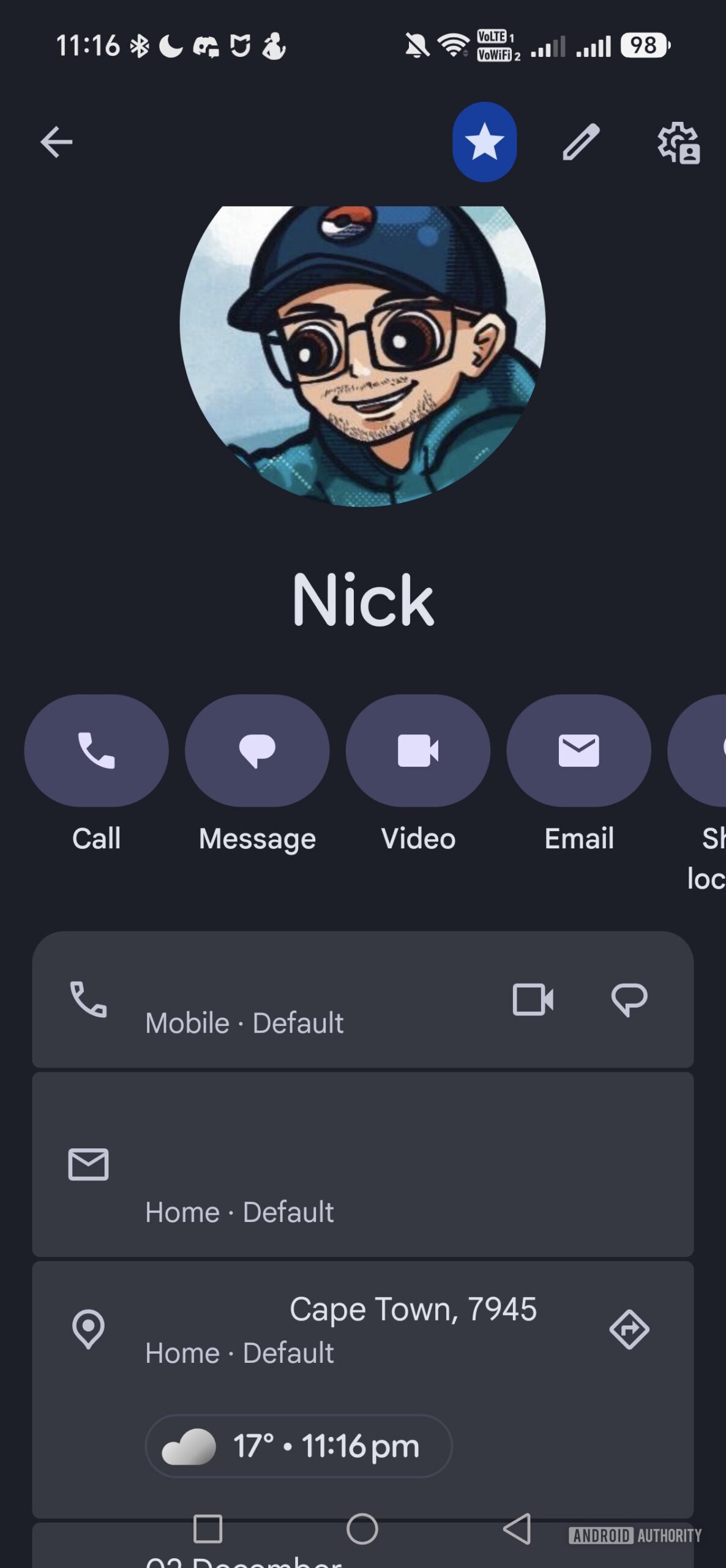 contact page with weather in google contacts