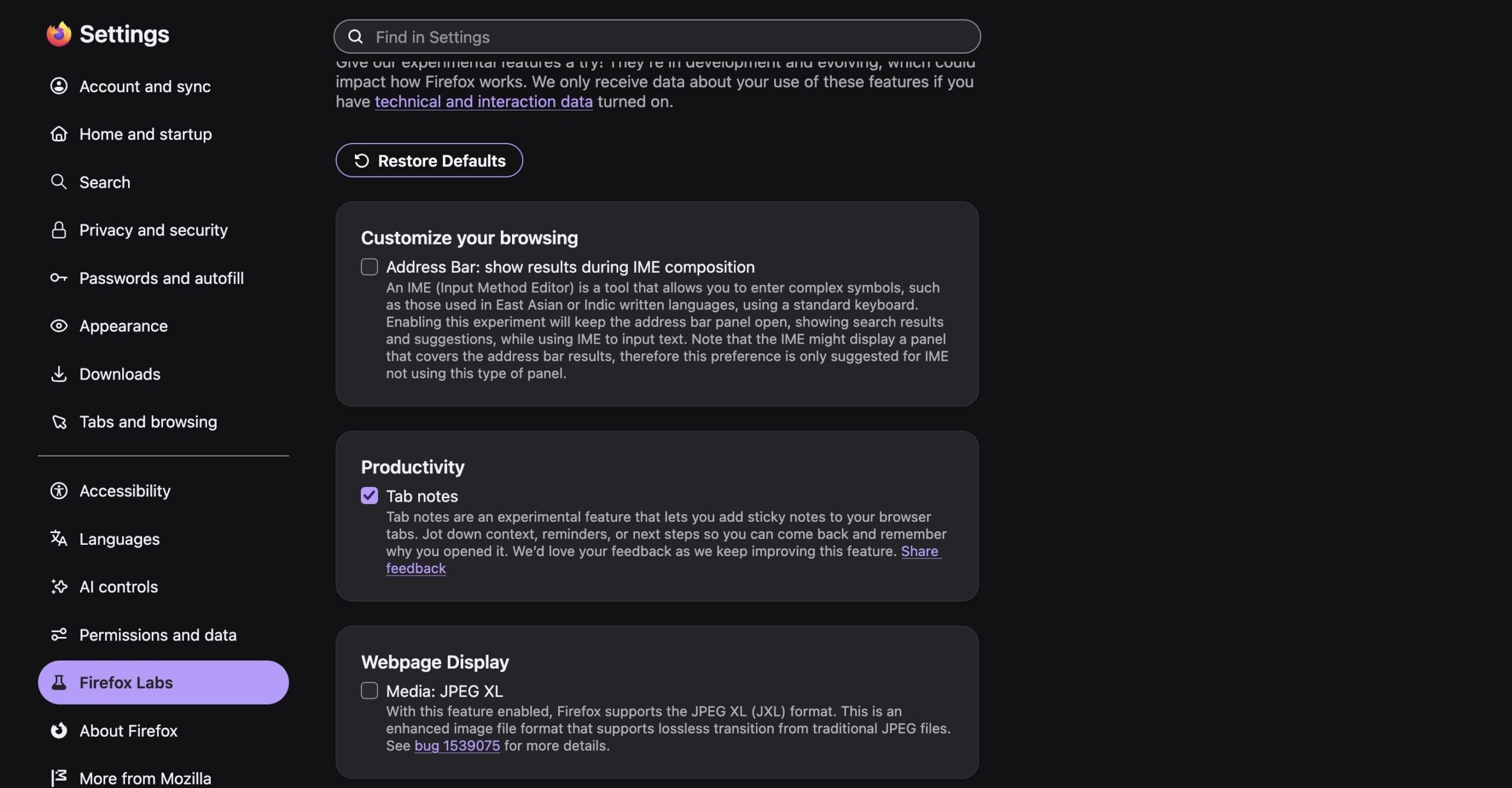 Screenshot Enabling Tab Notes feature in Firefox on a MacBook.