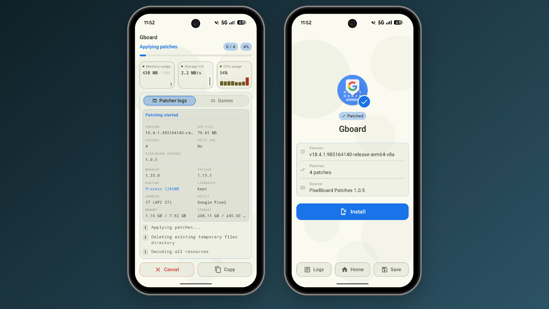 Patching Gboard with PixelBoard patch in Morphe.