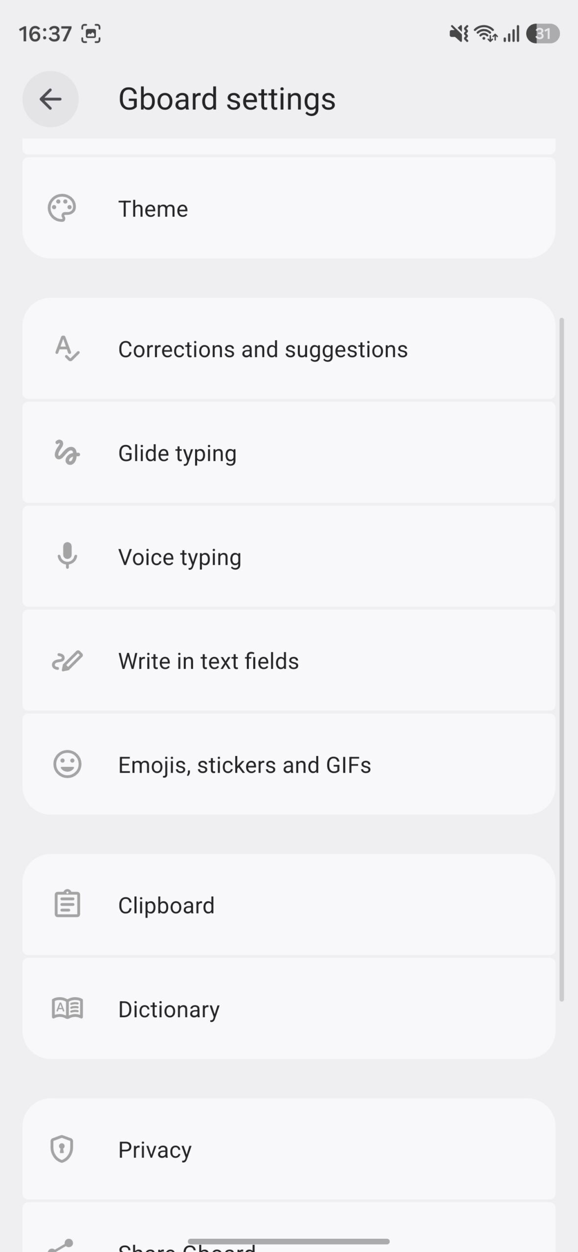 Gboard settings page.