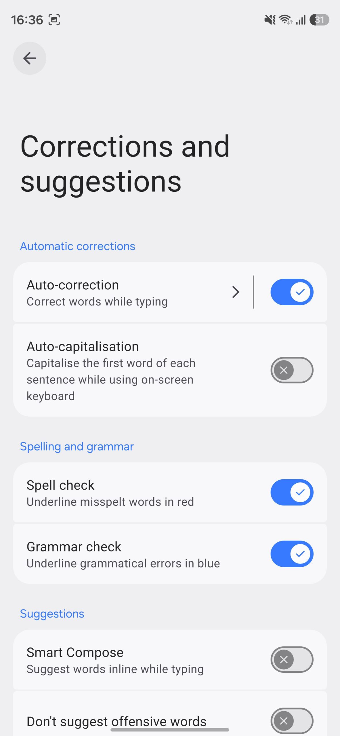 Auto-capitalization option toggled off on the Corrections and suggestions page.