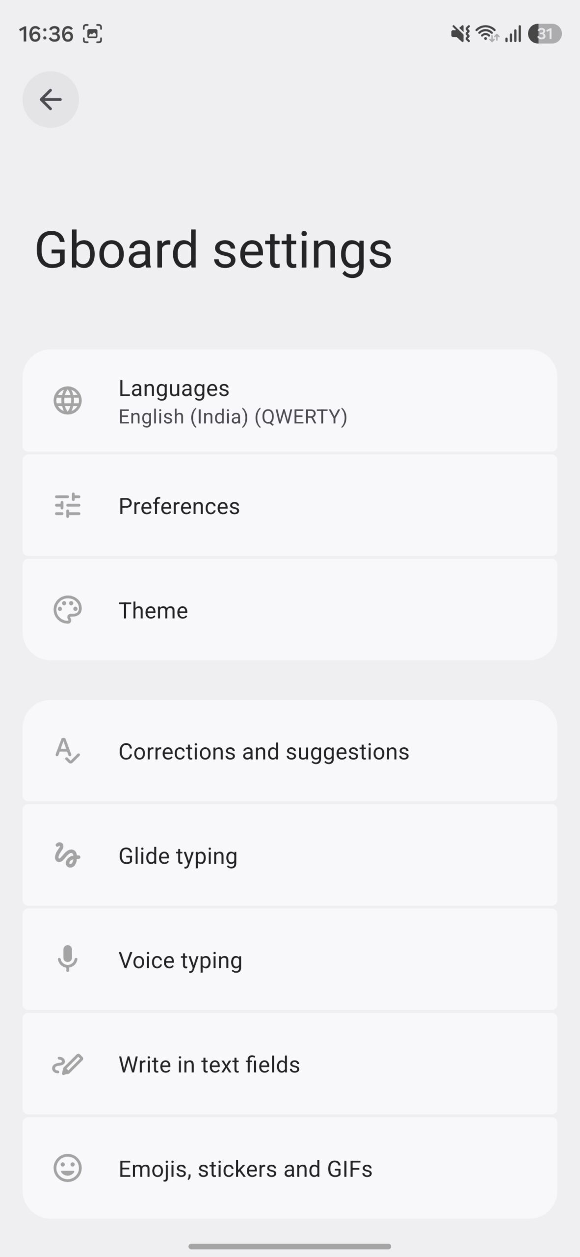 Gboard settings page.