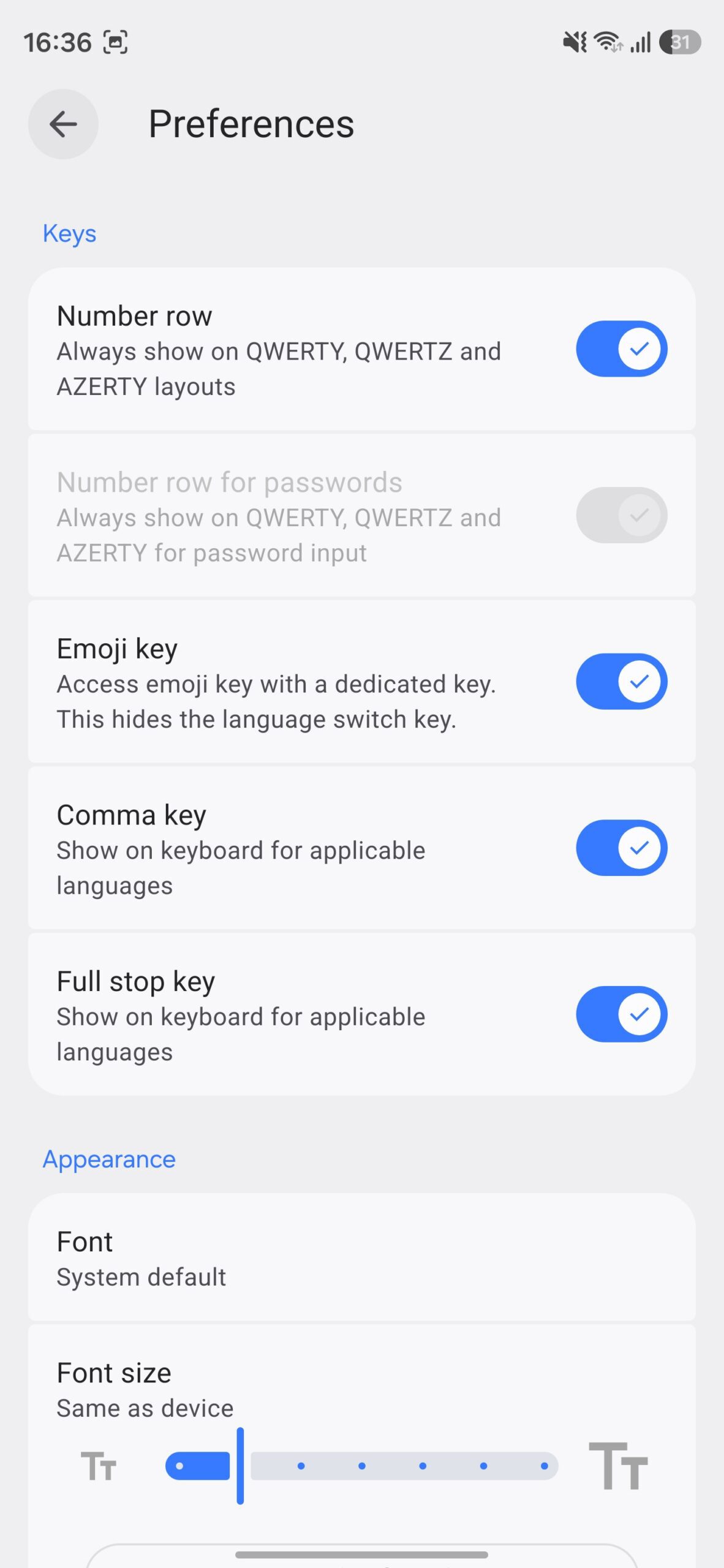 Gboard preferences page with Number row option turned on.