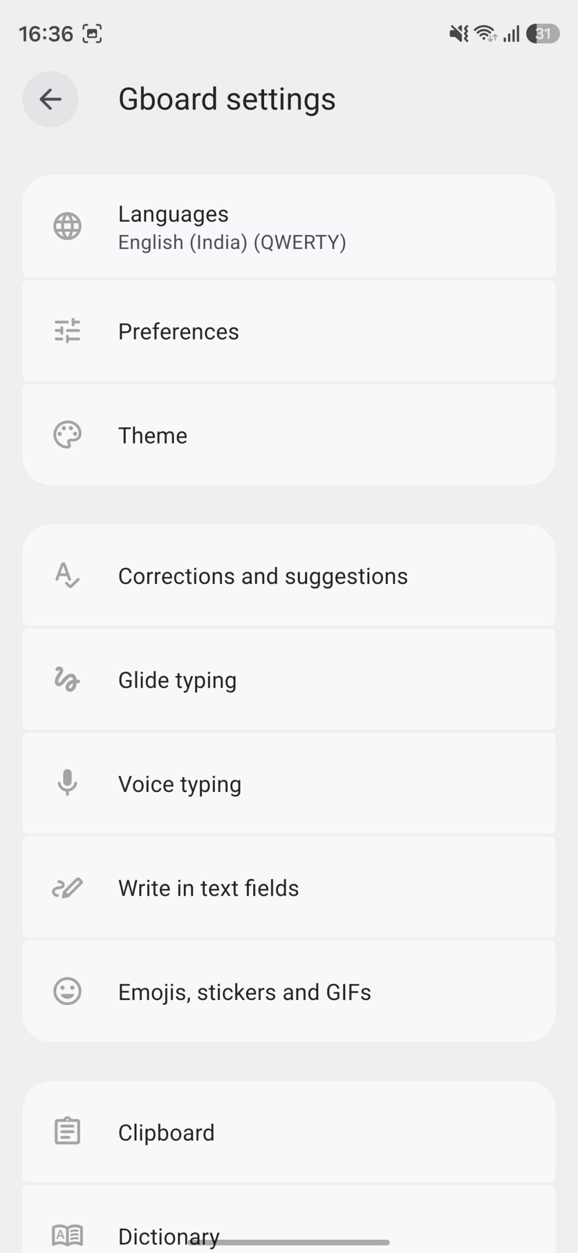 Gboard settings page.