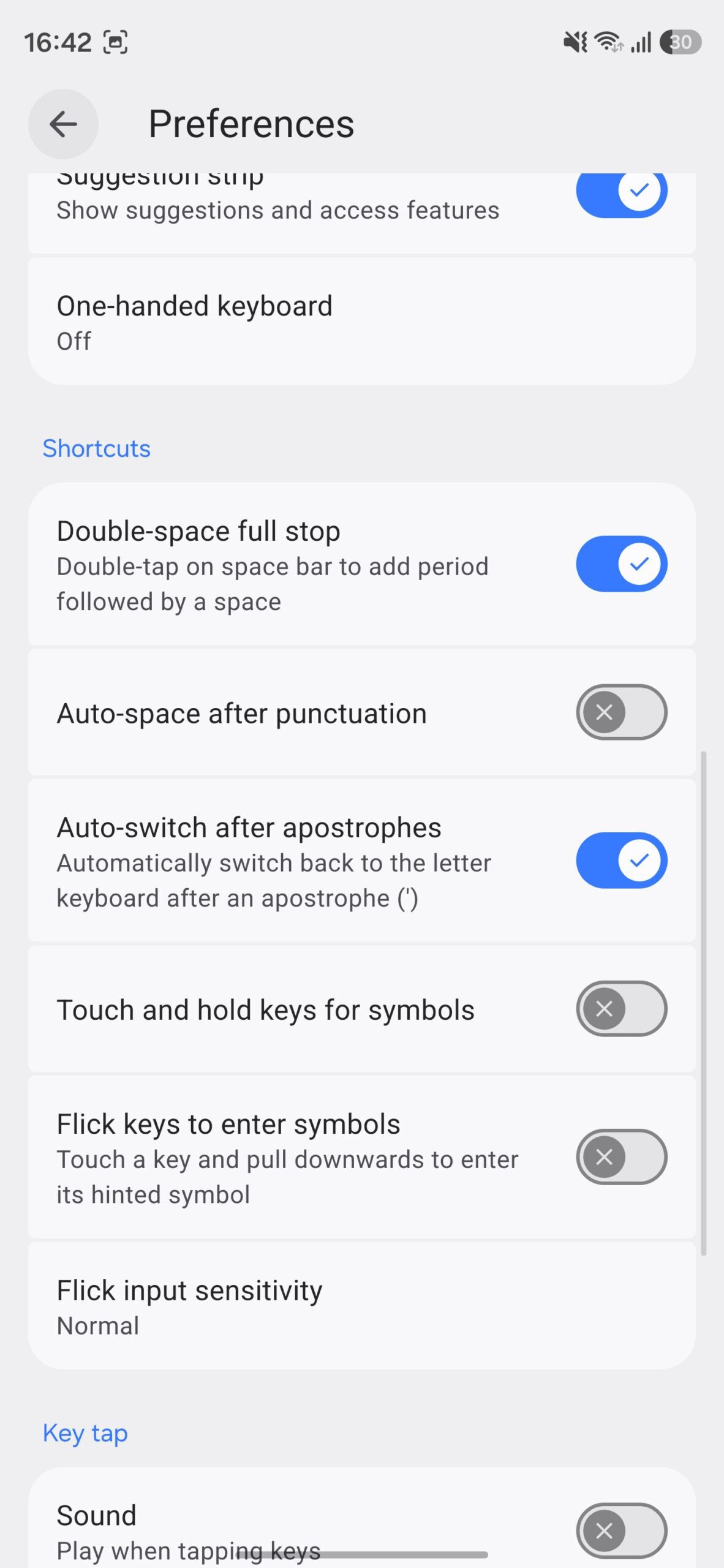 Gboard preferences page with Touch and hold keys for symbols turned off.