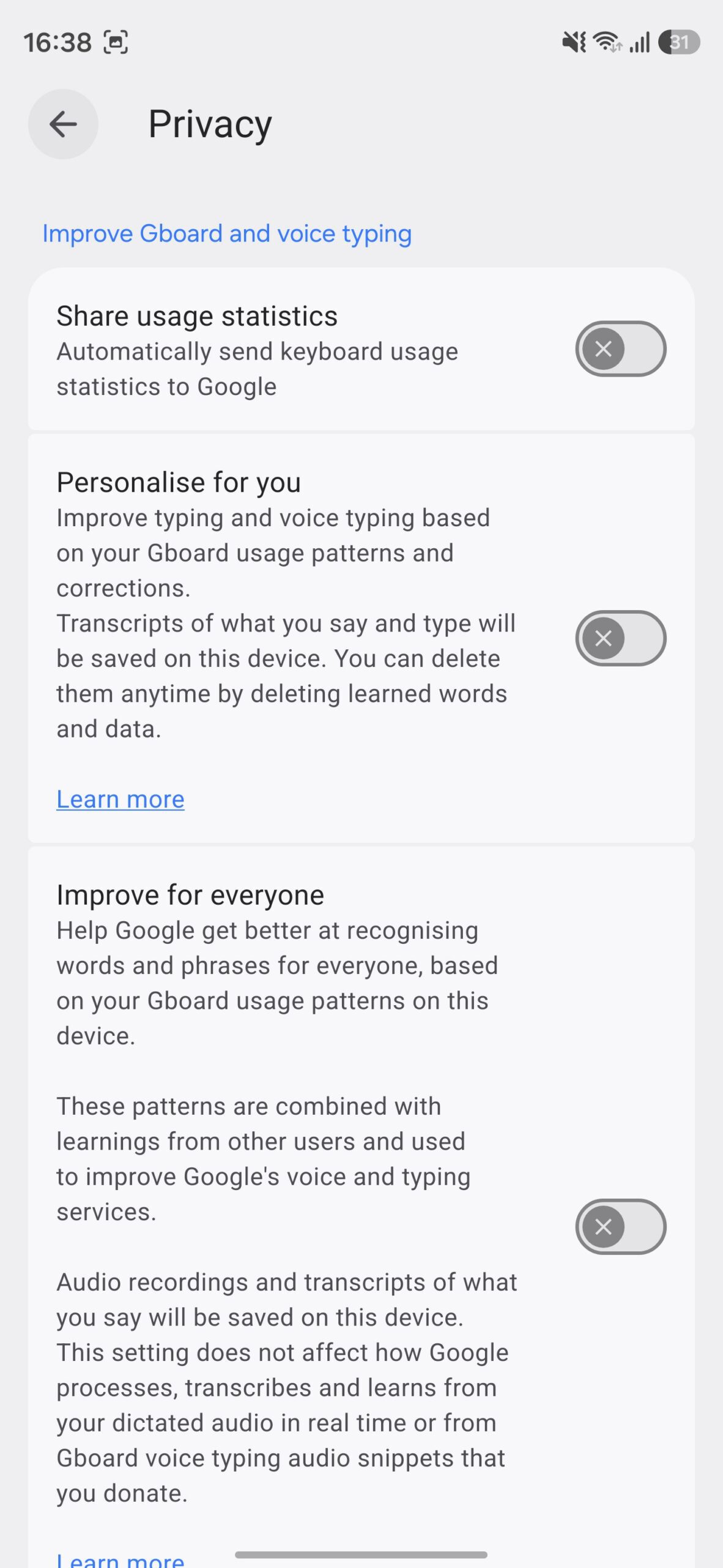 Gboard privacy page with all options turned off.