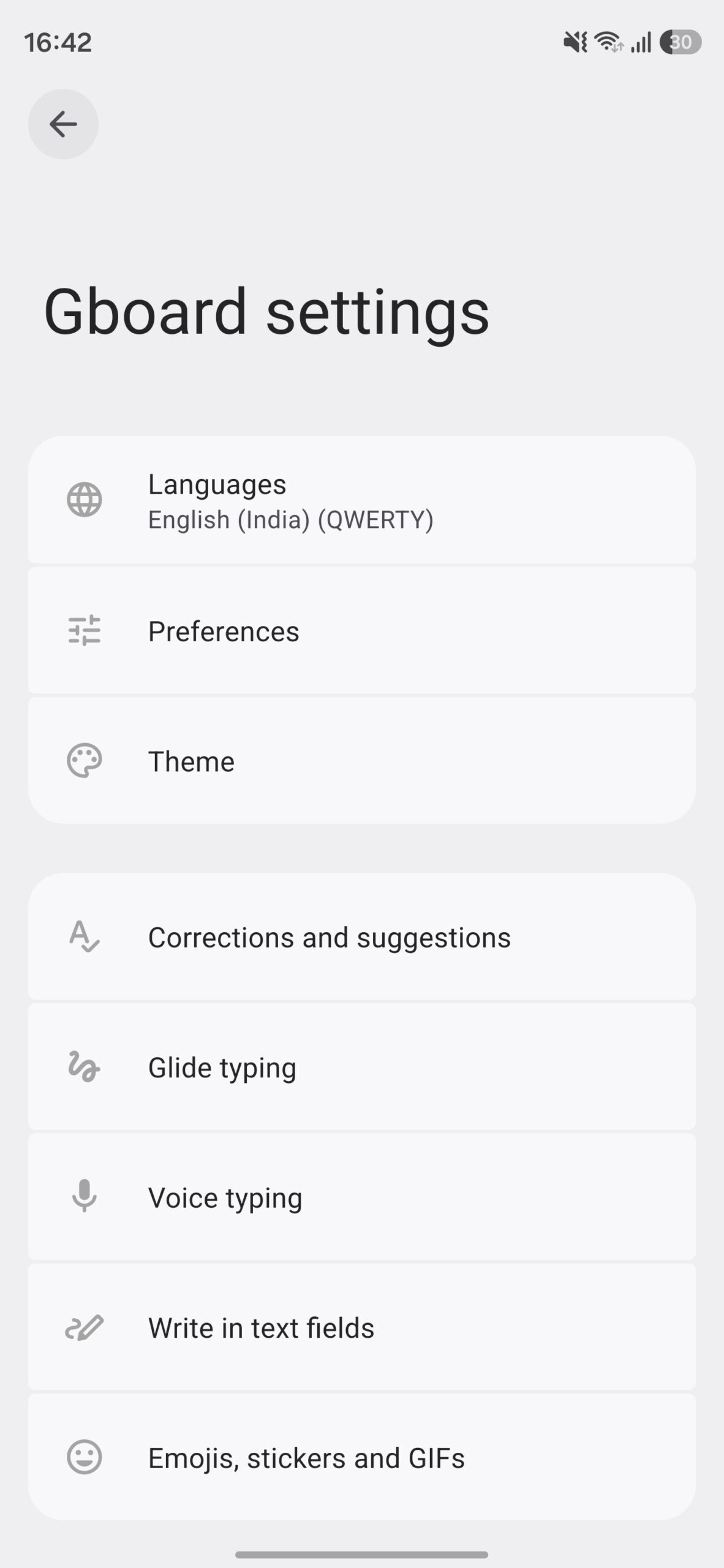 Gboard settings page.
