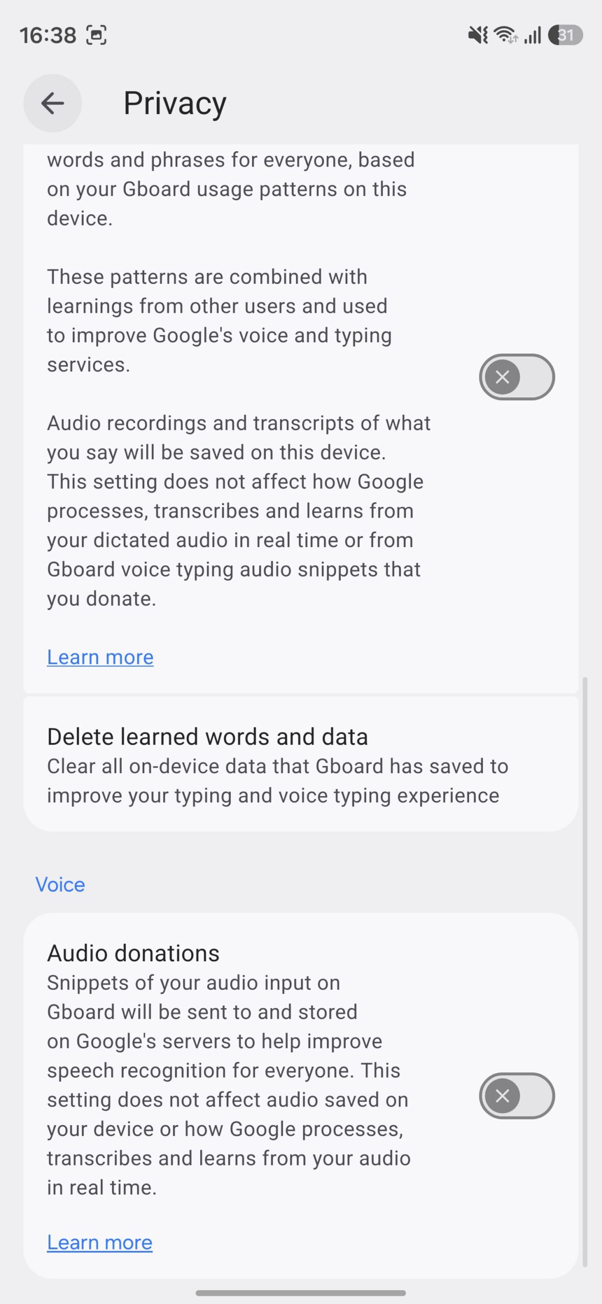 Gboard privacy page with all Audio donations option turned off.