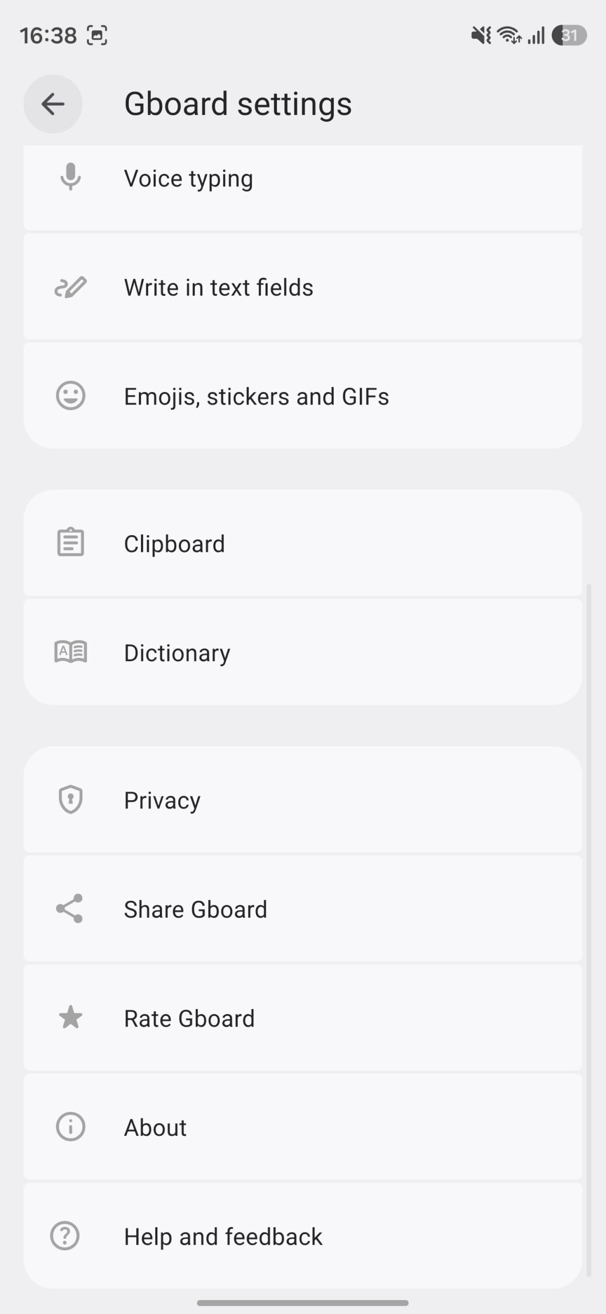 Gboard settings page.