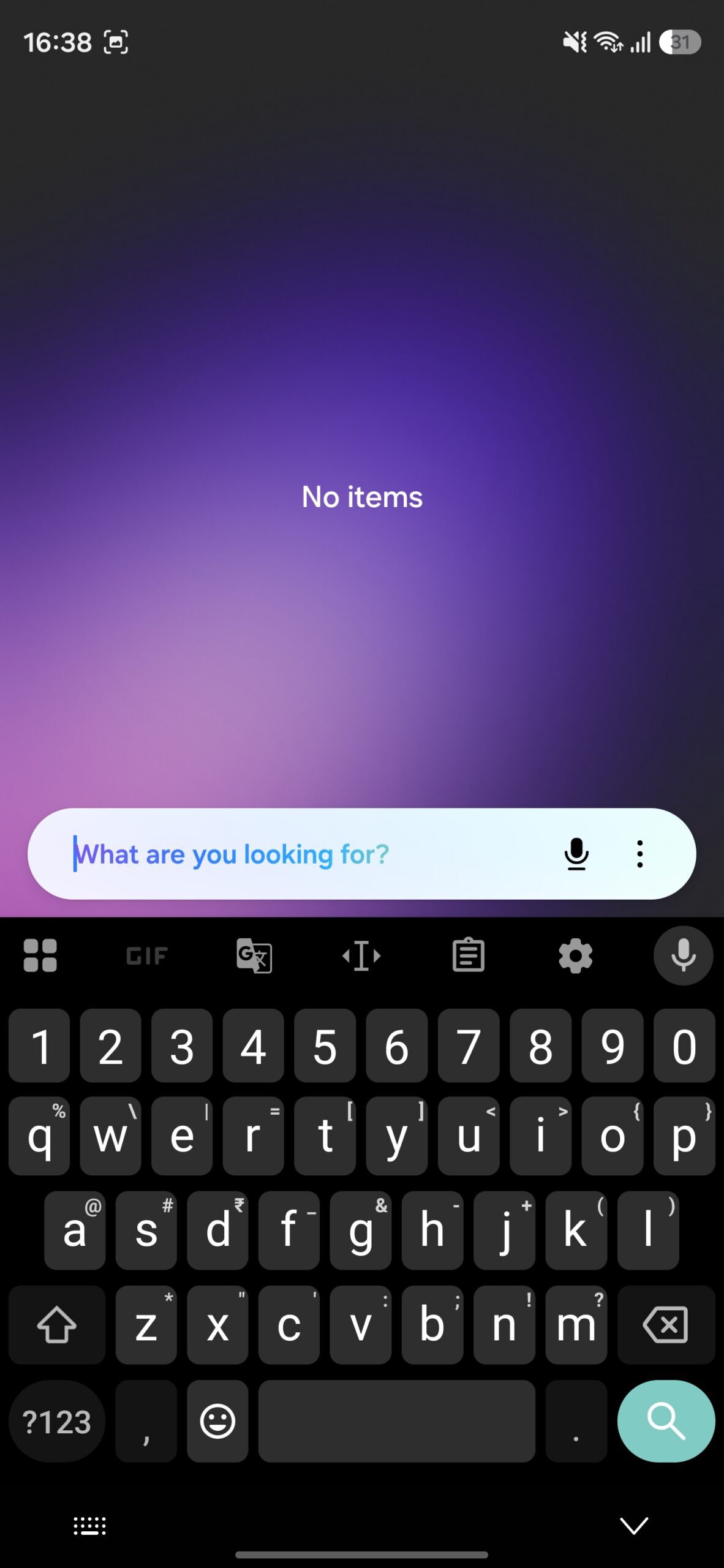 Gboard open on One UI Finder search screen.