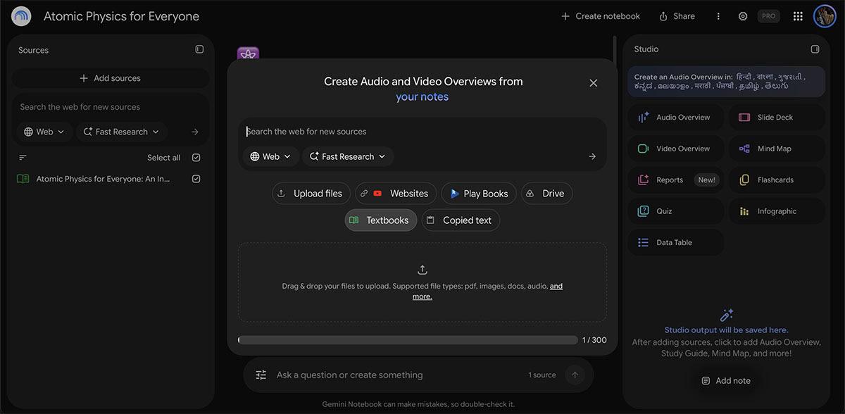 gemini notebook add textbook option in sources