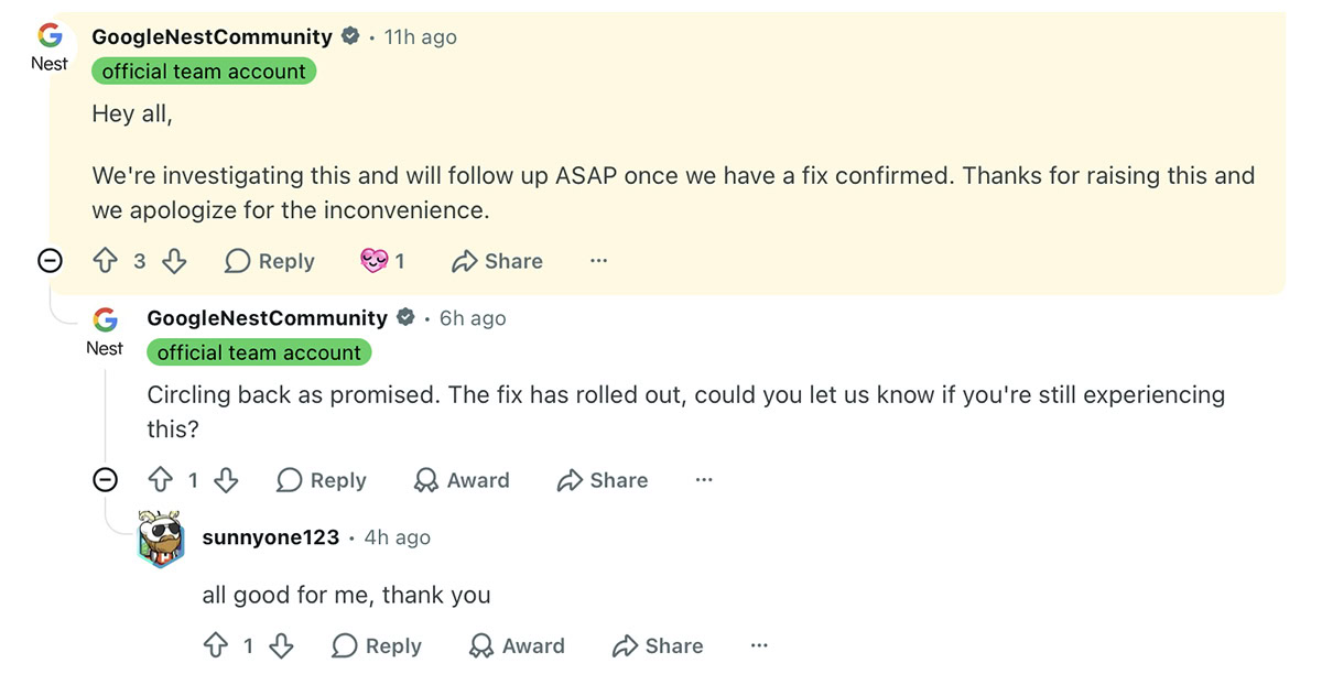 google home smart light colors bug fixed reddit comment official google account