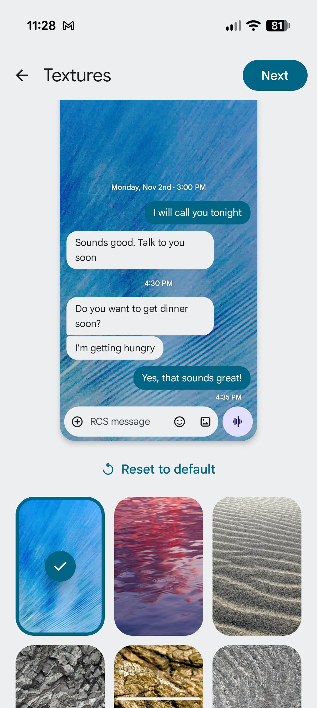 Screenshot of a custom chat theme in Google Messages.