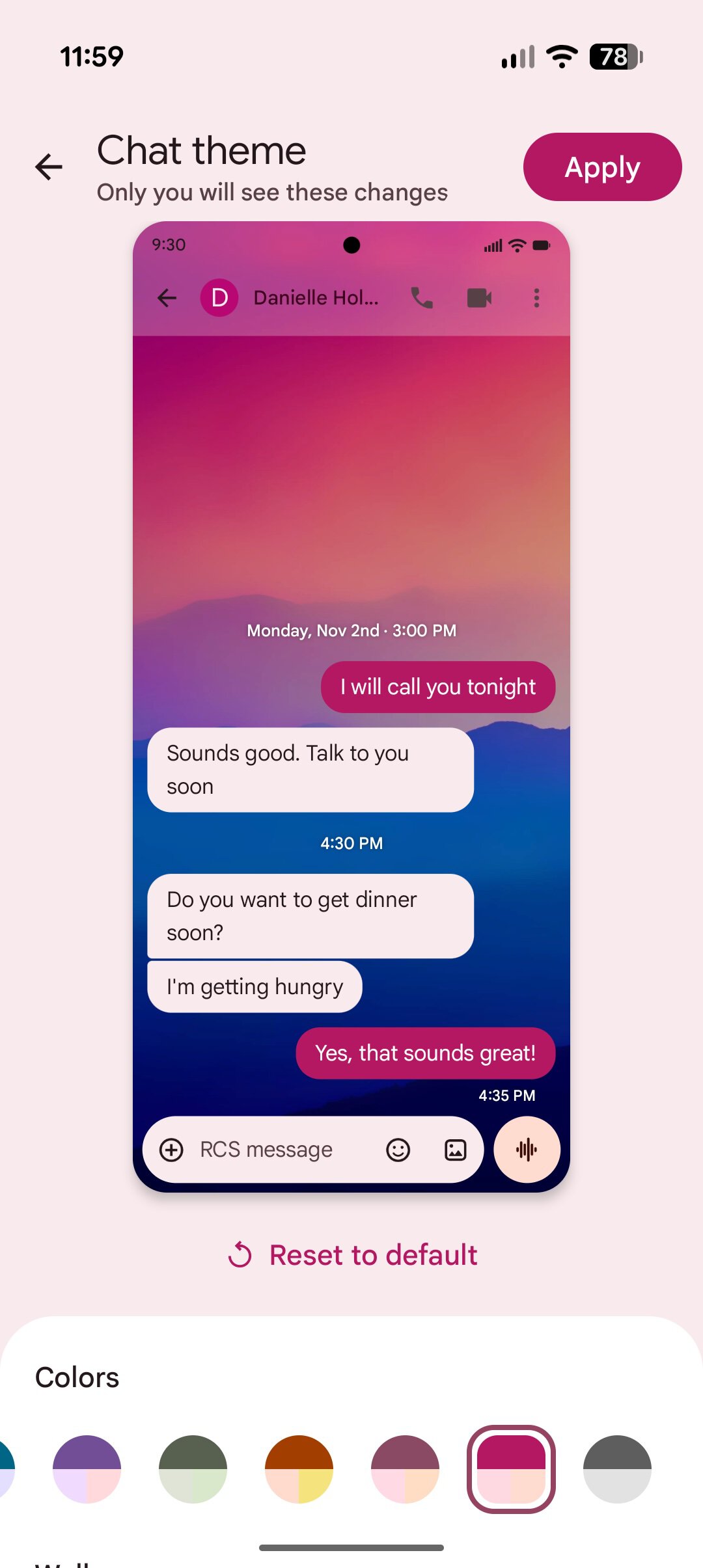 Screenshot of a custom chat theme in Google Messages.