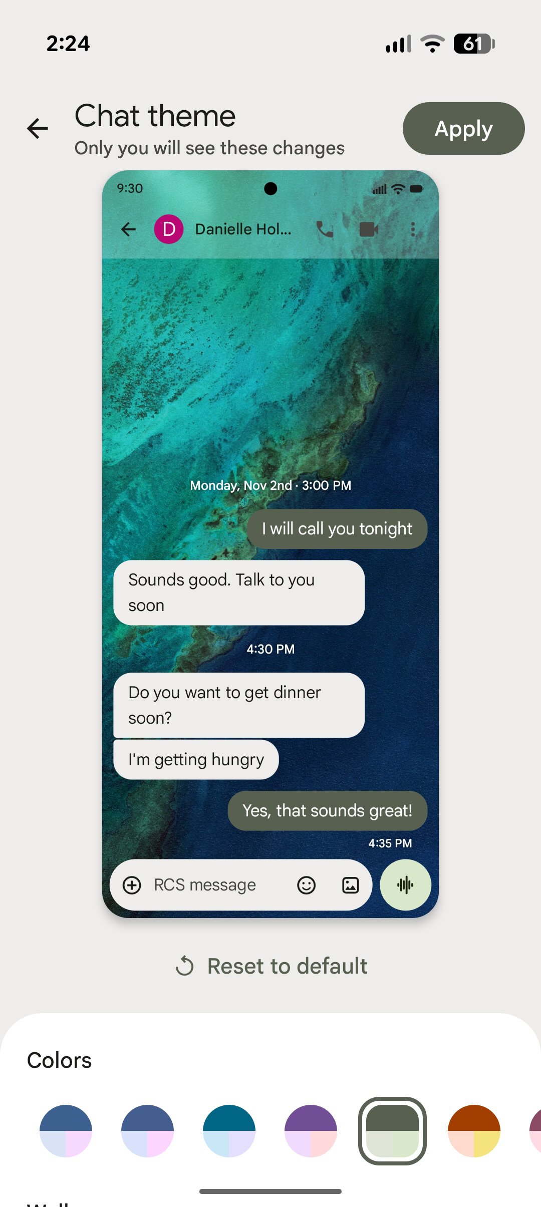 Screenshot of a custom chat theme in Google Messages.