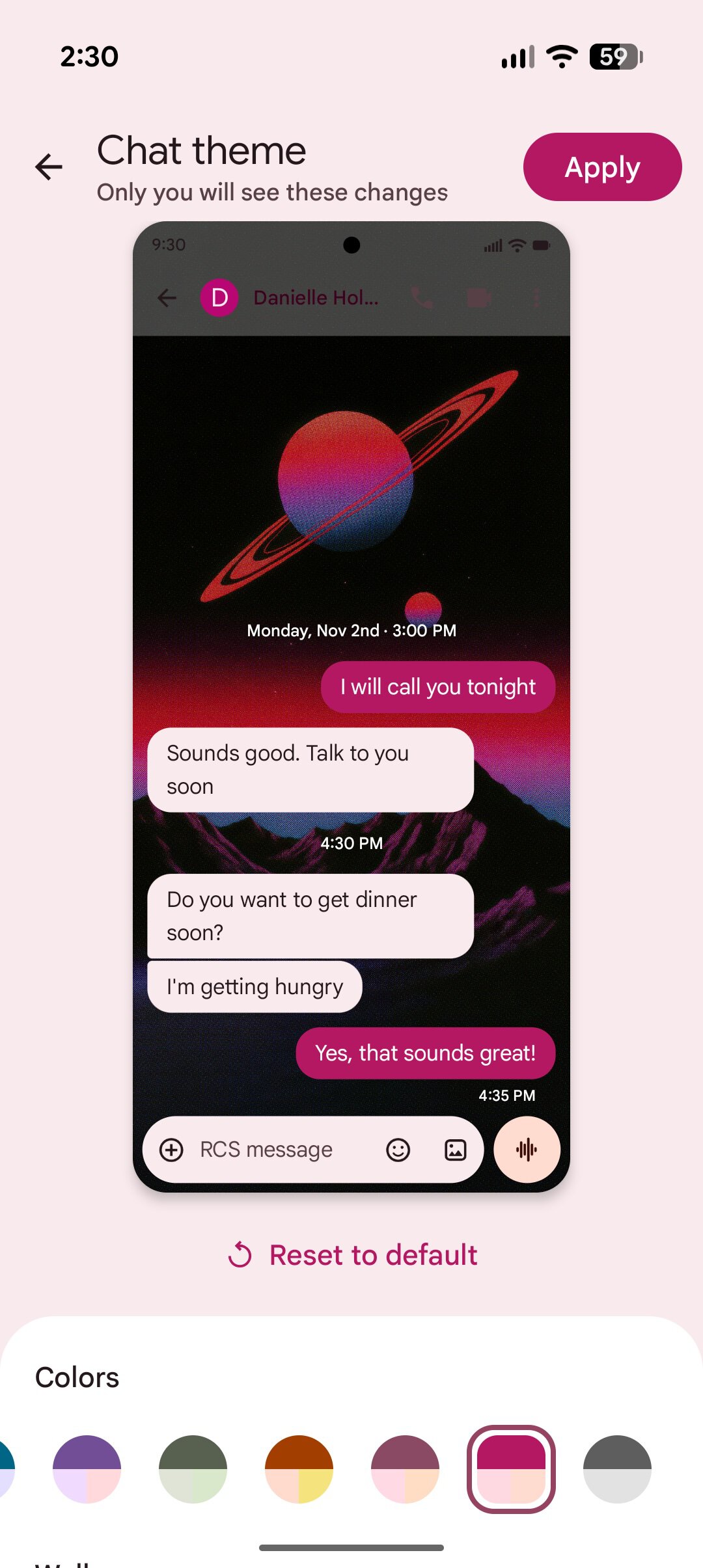 Screenshot of a custom chat theme in Google Messages.