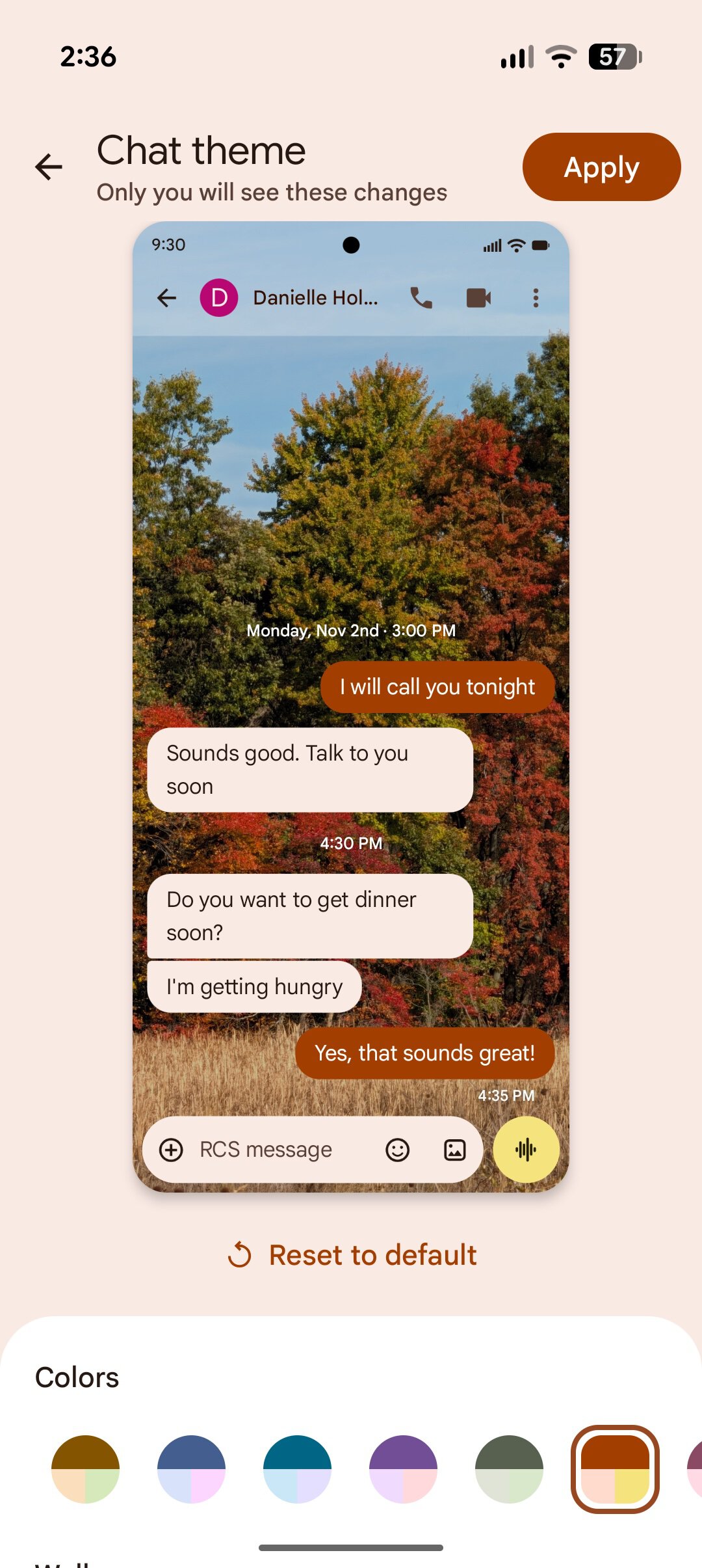 Screenshot of a custom chat theme in Google Messages.
