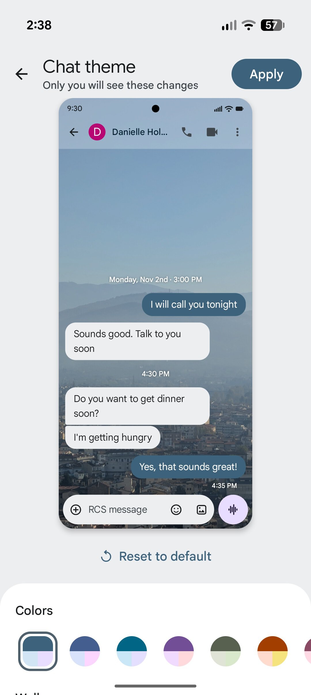 Screenshot of a custom chat theme in Google Messages.